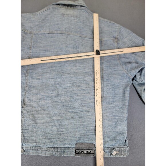 Avirex Denim Jacket Mens 2XL Blue Tribal Sleeve Graphic Button Up Distressed - Picture 13 of 15